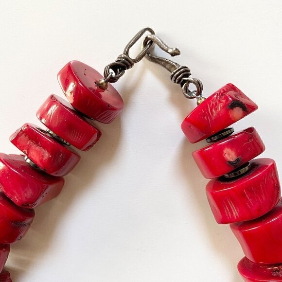 Vintage Chunky Blood Red Coral Sterling Silver Pendant Necklace sz 20" 10.3 oz - Picture 10 of 12